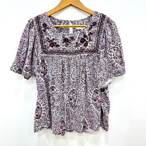 Lucky Brand Women's Purple Embroidered Boho Blouse Size Lg made in India